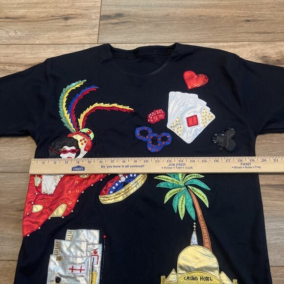 Vintage Casino Embroidered T Shirt SZ Large Gambling Beaded Sequin Black Tee y2k - Picture 8 of 10